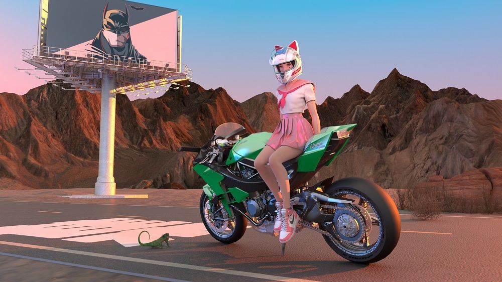 集原美 百褶裙 绿色摩托车 帽子4k壁纸.jpg